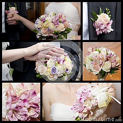 Hands of groom and bride with a bouquet of orchids and roses Stock Photo