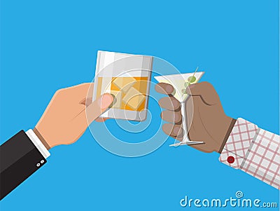 Hands group holding glasses with drinks Vector Illustration