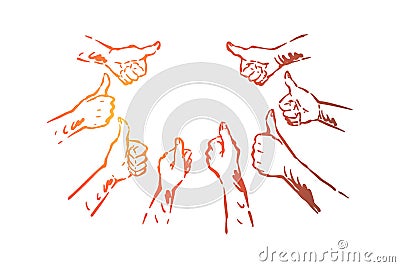 Hands group showing thumbs up, agreement, approval, confirmation expression, satisfaction, success symbol Vector Illustration