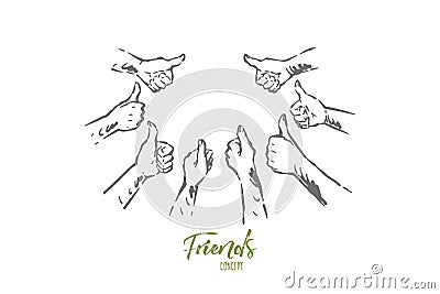 Hands group showing thumbs up, agreement, approval, confirmation expression, satisfaction, success symbol Vector Illustration