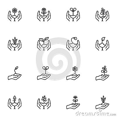 Hands with growing plants line icons set Vector Illustration