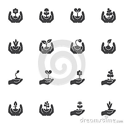 Hands with growing plants vector icons set Vector Illustration