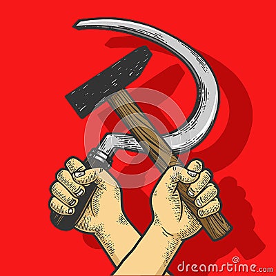 Hands with Hammer and sickle sketch engraving Vector Illustration