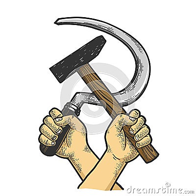 Hands with Hammer and sickle sketch engraving Vector Illustration