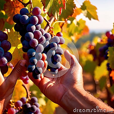 Hands harvesting and handling grapes on the vine in vinyard farm Stock Photo