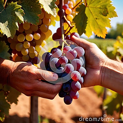 Hands harvesting and handling grapes on the vine in vinyard farm Stock Photo
