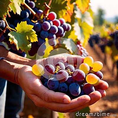 Hands harvesting and handling grapes on the vine in vinyard farm Stock Photo