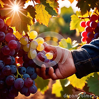 Hands harvesting and handling grapes on the vine in vinyard farm Stock Photo