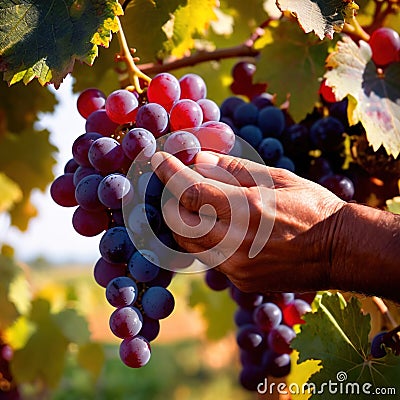 Hands harvesting and handling grapes on the vine in vinyard farm Stock Photo