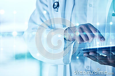 Hands, healthcare and future with a doctor using a tablet in a hospital with digital overlay or CGI. Data, ai and Stock Photo