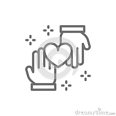 Hands with heart, donation, volunteering, charity, good deeds line icon. Vector Illustration