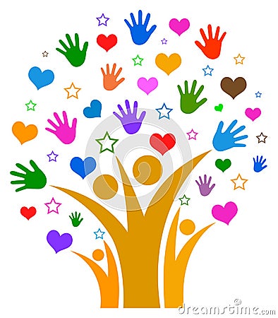 Hands and hearts with star family tree Vector Illustration