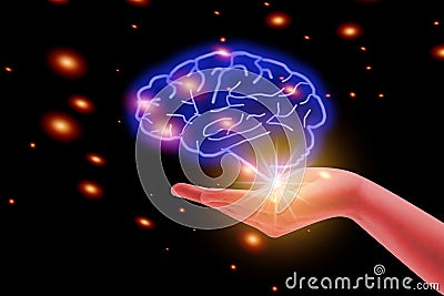 hands held up the brain with sparkling thoughts. Science and business concepts Stock Photo