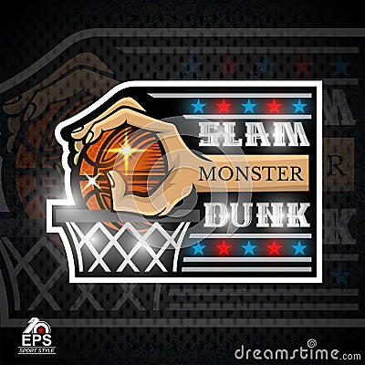 Hands hold basketball ball above basket slam dunk. Sport logo for any team Vector Illustration