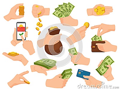 Hands hold cash. Human arm give money and pay in dollar bill banknotes, coin piles, card and phone app. Hand with wallet Vector Illustration