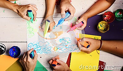 Hands hold colorful markers and draw kids illustration, top view Cartoon Illustration