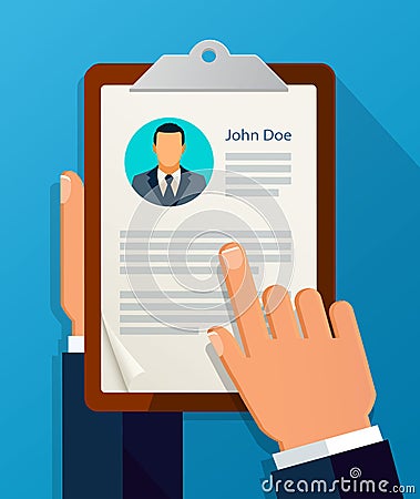 Hands hold CV profile. Choose business people to hire Vector Illustration