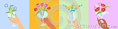 Hands hold flower cocktails. Drink beverage party, men or women handing wine glasses with aroma spring flowers on stem Vector Illustration