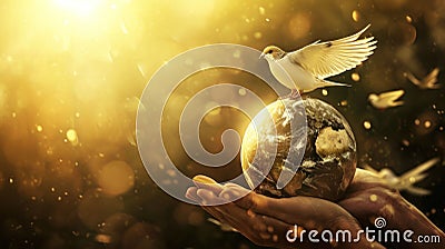hands hold the globe on which sits a white dove symbolizing peace, harmony day, banner Stock Photo