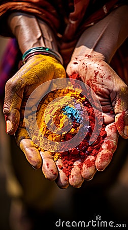 Hands hold a handful of Holi powder colors for the festival Stock Photo