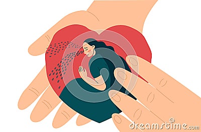 Hands hold heart inside crying woman or girl. Compassion, support and comfort Vector Illustration