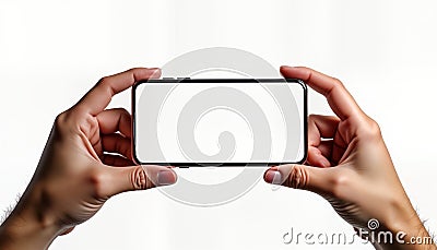 Hands hold horizontal smartphone mockup. Empty screen display. Isolated on white background. Modern tech mobile phone. User Stock Photo