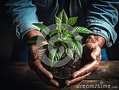 The hands hold a houseplant, a seedling with earth in the roots. The concept of supporting youth and beginnings Stock Photo