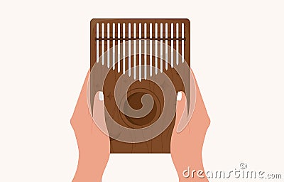 Hands hold kalimba. Mbira or thumb piano. African traditional musical instrument. Folk wooden mbira with carvings Vector Illustration