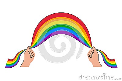 Hands hold LGBT flag rainbow,hand drawn pride month flat decoration.People's rights movement,diversity love Vector Illustration