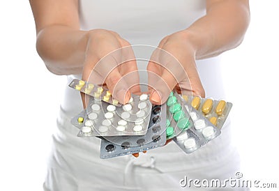 Hands hold medicine aspirin painkiller tablet pills Stock Photo