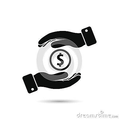 Hands hold money black icon. Saving money vector symbol Vector Illustration