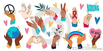 Hands hold peace symbols. Human arms with freedom, love, ecological elements and objects, planet Earth, rainbow, flying Vector Illustration