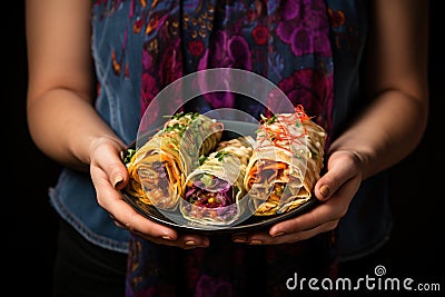 Hands hold Shawarma. Meat, vegetables and salad are wrapped in pita bread. Side view Stock Photo