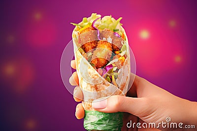 Hands hold Shawarma. Meat, vegetables and salad are wrapped in pita bread. Side view Stock Photo