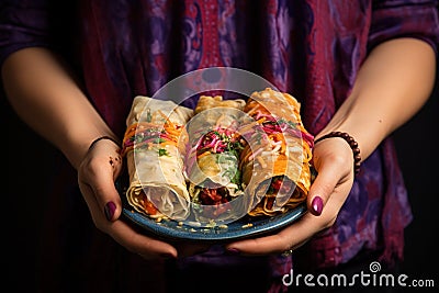 Hands hold Shawarma. Meat, vegetables and salad are wrapped in pita bread. Side view Stock Photo