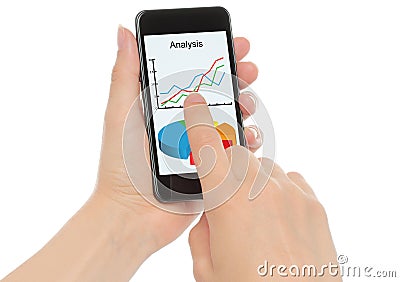 Hands hold smart phone with graphs Stock Photo