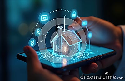 Hands hold smartphone displaying smart home app. 3D house icon appears on screen. App manages home security system remotely. User Stock Photo