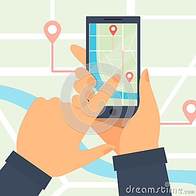 Hands hold a smartphone. Phone GPS navigation in the with a red pointers. GPS tracking map. Vector Illustration