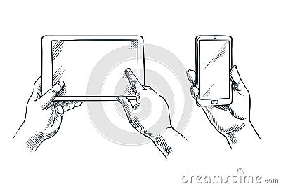 Hands hold smartphone and tablet, sketch illustration. Mobile phone empty screen. Business communications concept Vector Illustration