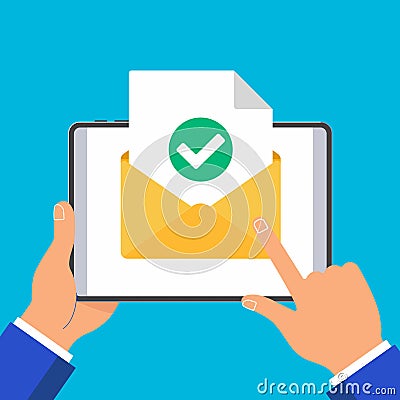Hands hold tablet pad devise with open envelope document paper sheet page check mark tick and text icon vector illustration Vector Illustration