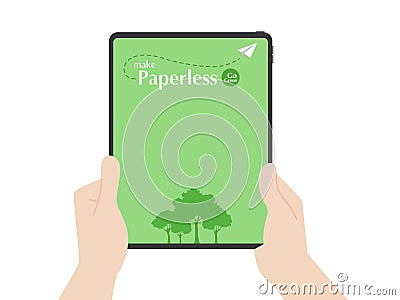 Hands hold tablet trees and rocket paper fly around paperless logo go green concept idea Vector Illustration