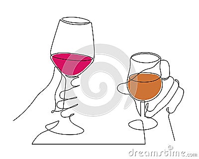 Hands hold wine clinking glass one line art,continuous drawing contour.Cheers toast festive hand drawn decoration for holidays, Vector Illustration