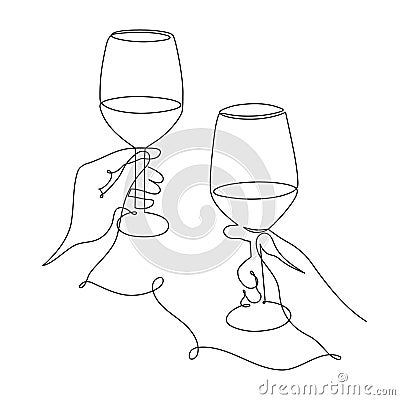 Hands hold wine clinking glasses one line art,continuous drawing contour.Cheers toast festive hand drawn decoration for holidays, Vector Illustration