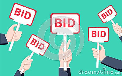 Hands holding auction paddle. Flat vector illustration. Auction and bidding concept. Sale process Vector Illustration