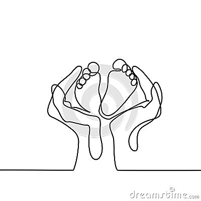 Hands holding baby foot - protection symbol. Vector Illustration