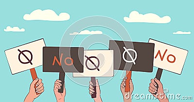 Hands holding banners. Concept of voting, protest, rally. Demonstration, crowd of people with blank placards. Vector Vector Illustration