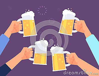 Hands holding beer glasses. Cheerful people clinking. Mates drinking beer in bar. Vector background Vector Illustration