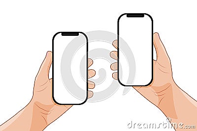 Hands holding a black smartphone. the phone has a blank white screen. people using a mobile phone. vector Vector Illustration