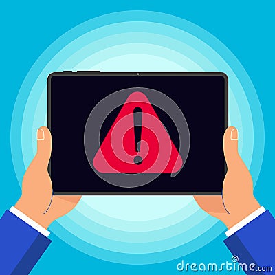 Hands holding black tablet with warning notice symbol icon sign on the screen isolated on background. Vector Illustration