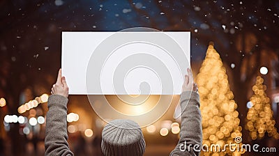 Hands holding blank banner in front of christmas tree at night Stock Photo